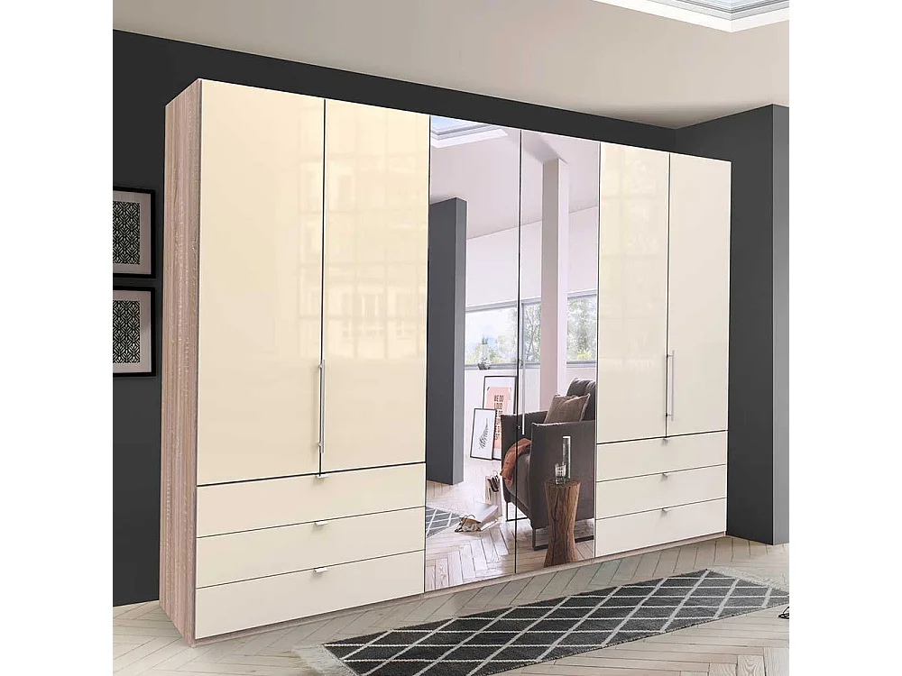 Panorama Kleiderschrank 3 türig Spiegel Schubladen glasbeschichtet