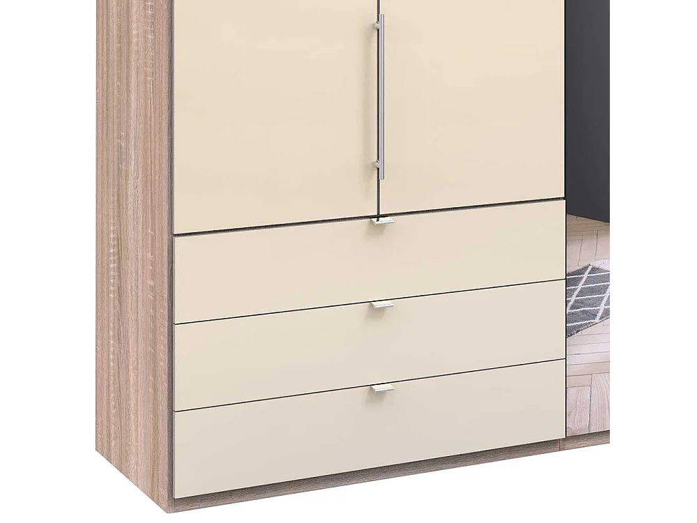 Panorama Kleiderschrank 3 türig Spiegel Schubladen glasbeschichtet