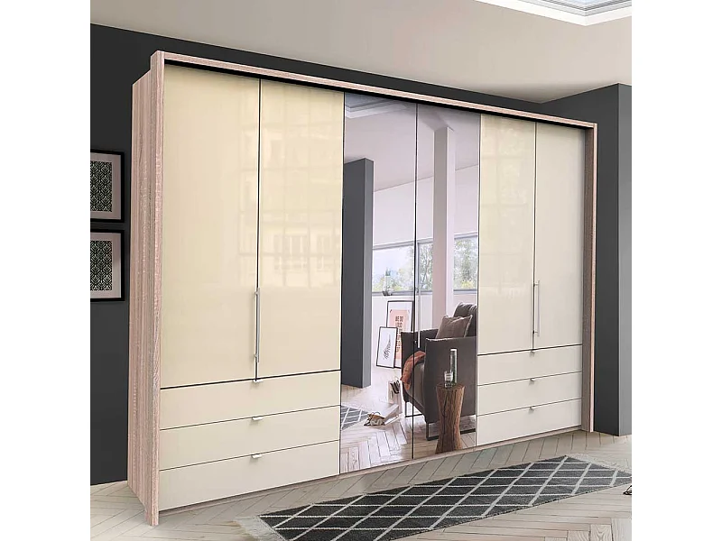 Panorama Kleiderschrank 3 türig Spiegel Schubladen glasbeschichtet