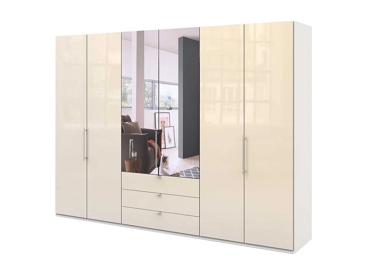 Schlafzimmerschrank 3 türig Cremefarben glasbeschichtet