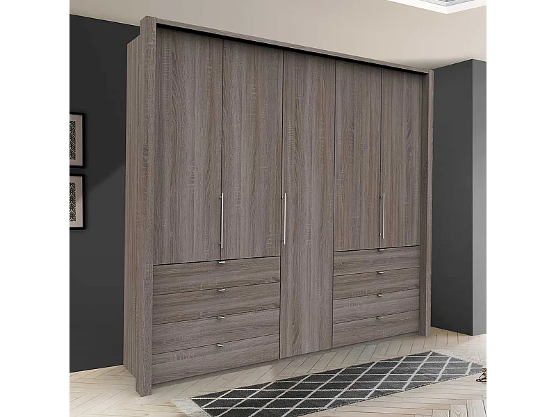 Eiche Trüffelfarbener Kleiderschrank 3 türig acht Schubladen