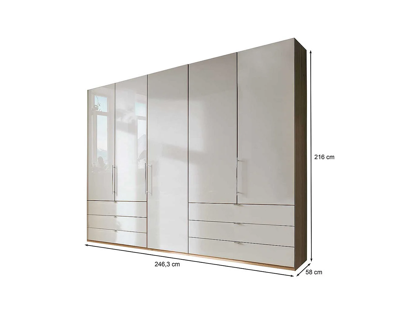 Schlafzimmerschrank in Beige und Eiche Bianco 250 cm breit