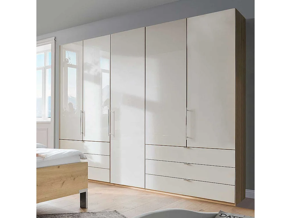 Schlafzimmerschrank in Beige und Eiche Bianco 250 cm breit