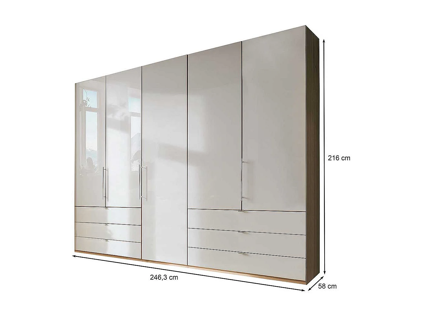 Schlafzimmerschrank in Beige und Eiche Bianco 250 cm breit