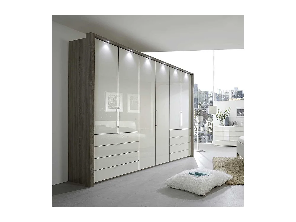 Schlafzimmer Kleiderschrank mit Faltüren und Schubladen Creme Weiß