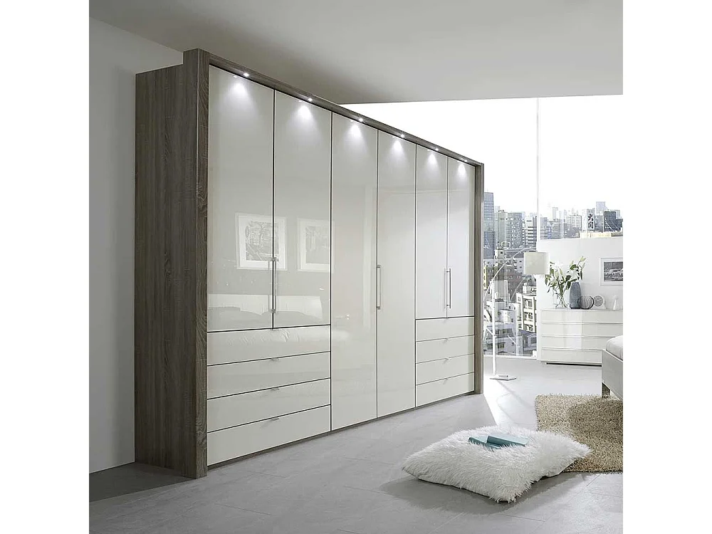 Schlafzimmer Kleiderschrank mit Faltüren und Schubladen Creme Weiß