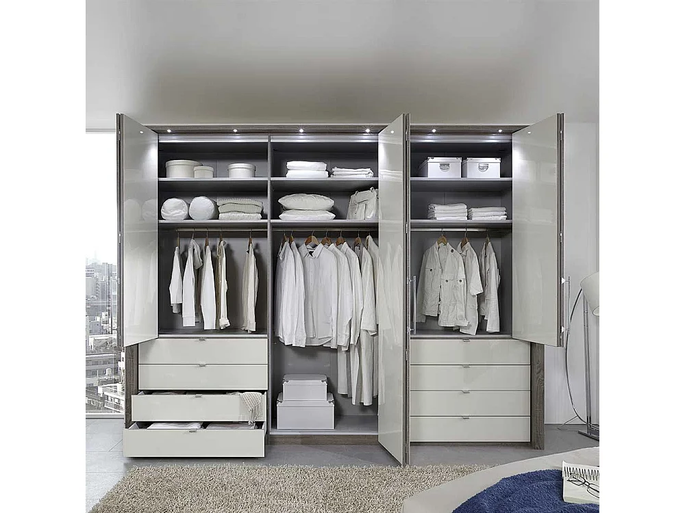 Schlafzimmer Kleiderschrank mit Faltüren und Schubladen Creme Weiß