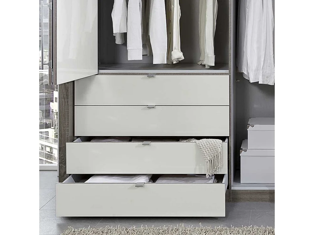 Schlafzimmer Kleiderschrank mit Faltüren und Schubladen Creme Weiß