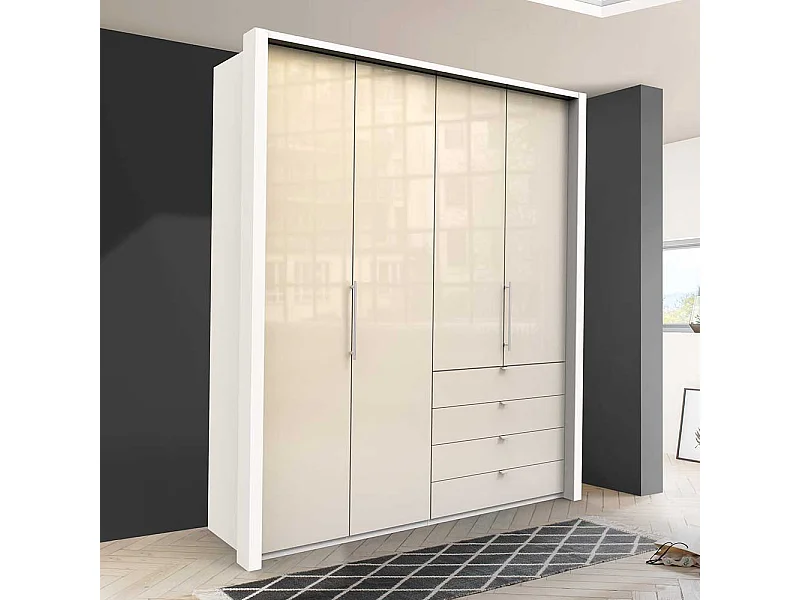 Jugendzimmer Kleiderschrank in Creme Weiß Glas beschichtet Falttüren