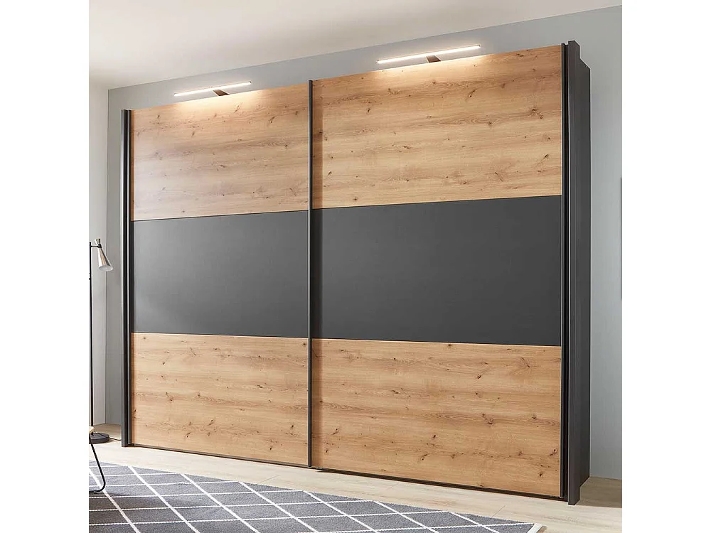 Schwebetüren Kleiderschrank in Eiche Bianco und Anthrazit Made in Germany