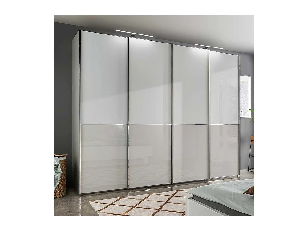 Schwebetürenkleiderschrank 4-türig Weiß und Hellgrau mit Glas beschichtet