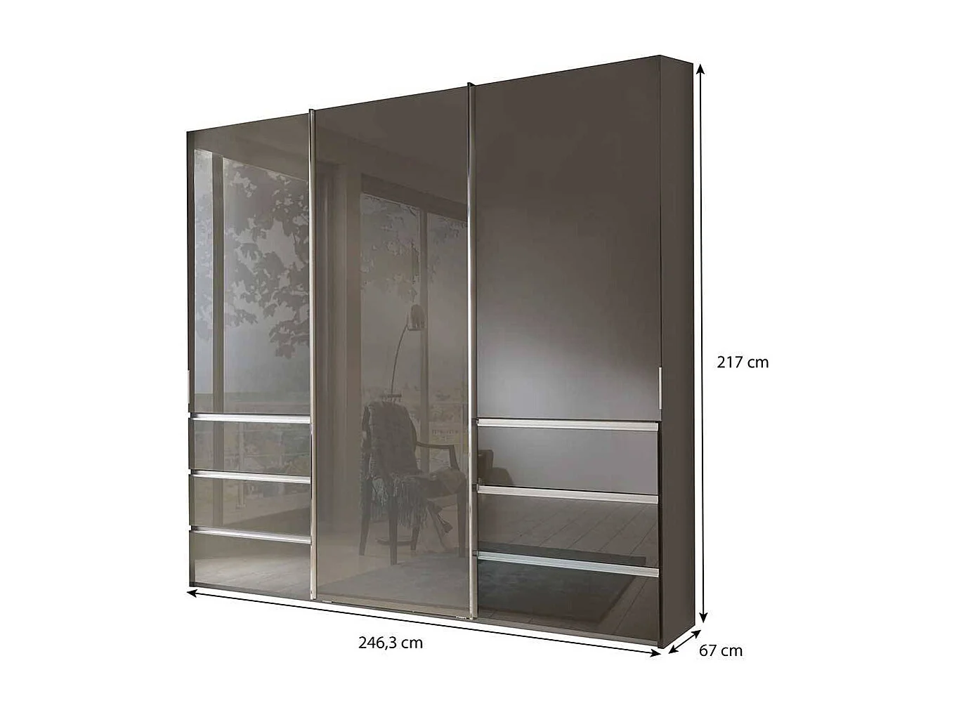 Schwebetürenkleiderschrank braun glasbeschichtet sechs Schubladen