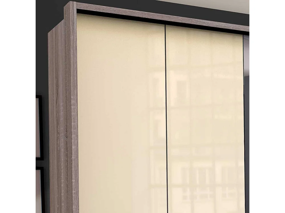 Luxus Kleiderschrank in Cremefarben und Eiche Trüffel Optik Falttüren