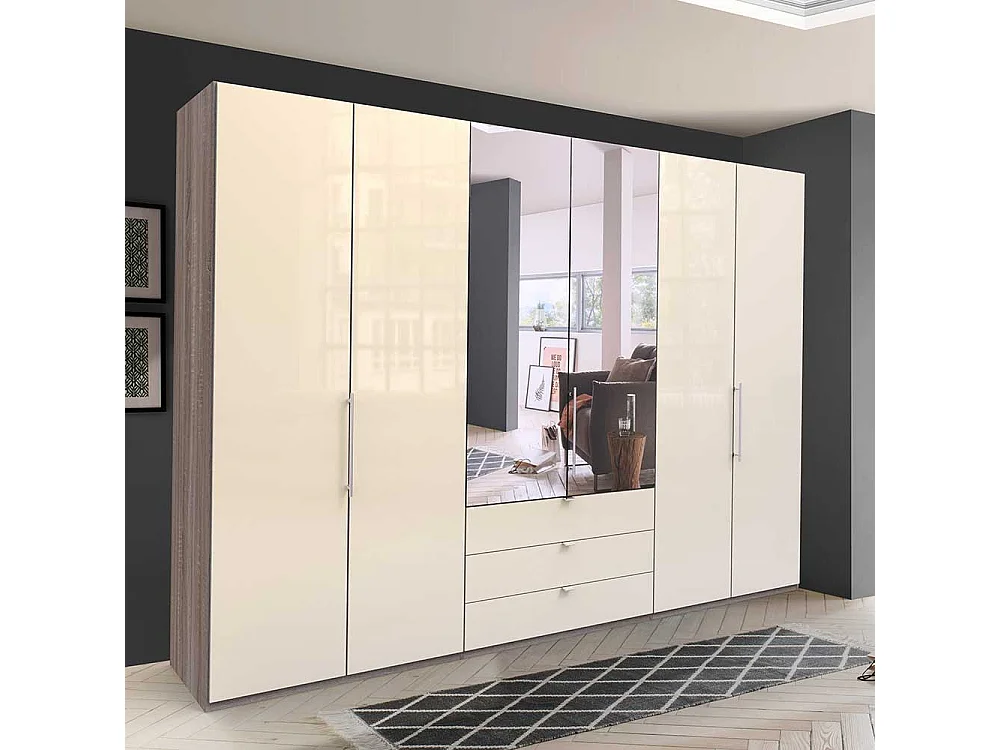 Luxus Kleiderschrank in Cremefarben und Eiche Trüffel Optik Falttüren