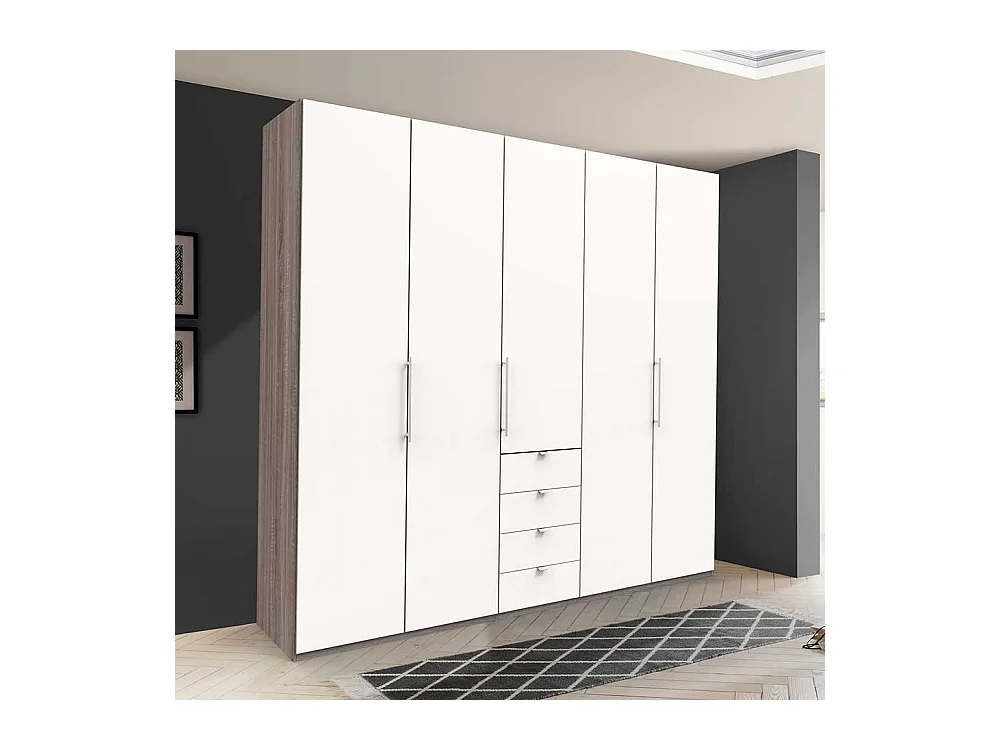 Kleiderschrank in Weiß Eiche Trüffelfarben 3 türig mit Schubladen