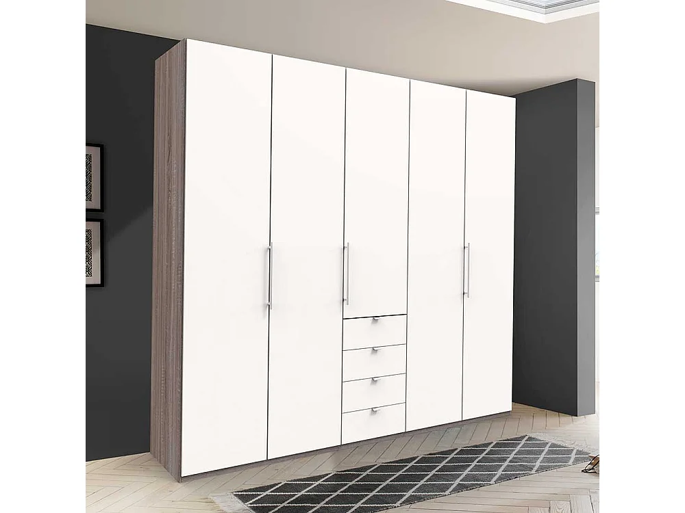 Kleiderschrank in Weiß Eiche Trüffelfarben 3 türig mit Schubladen