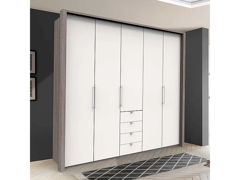 Kleiderschrank in Weiß Eiche Trüffelfarben 3 türig mit Schubladen