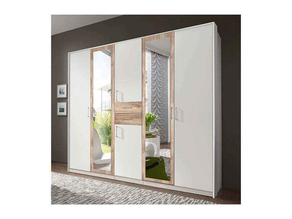 Kleiderschrank mit Spiegeltüren und zwei Schubladen Plankeneiche NB und Weiß