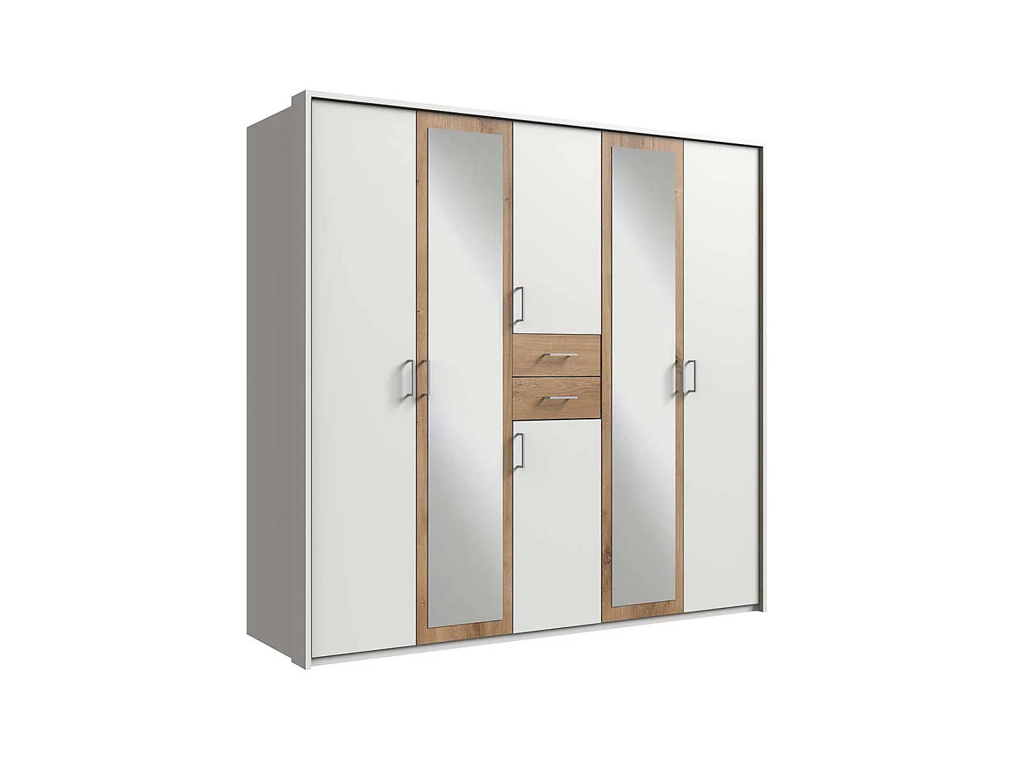 Kleiderschrank mit Spiegeltüren und zwei Schubladen Plankeneiche NB und Weiß