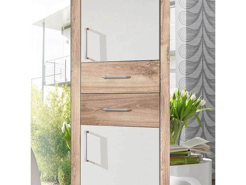 Kleiderschrank mit Spiegeltüren und zwei Schubladen Plankeneiche NB und Weiß