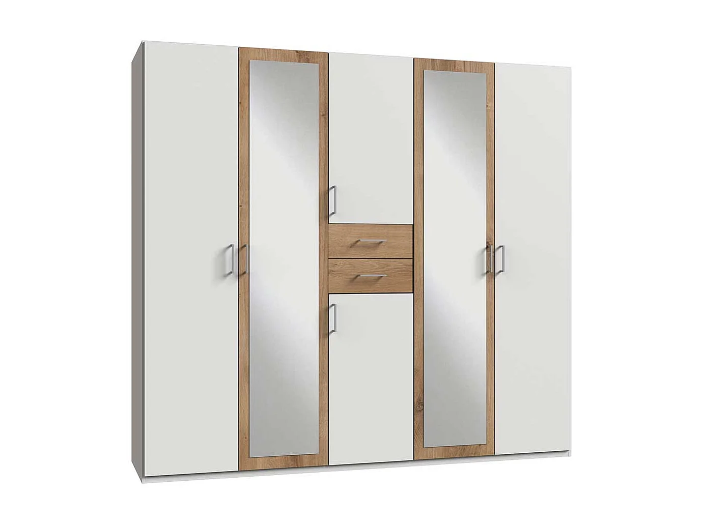 Kleiderschrank mit Spiegeltüren und zwei Schubladen Plankeneiche NB und Weiß