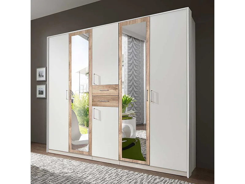 Kleiderschrank mit Spiegeltüren und zwei Schubladen Plankeneiche NB und Weiß