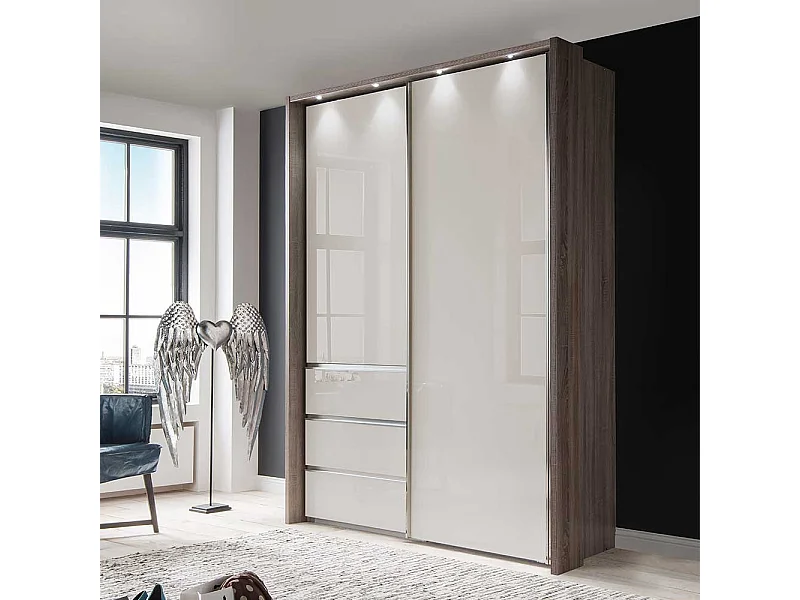 Schwebetürenschrank in Beige und Trüffelfarben LED Beleuchtung