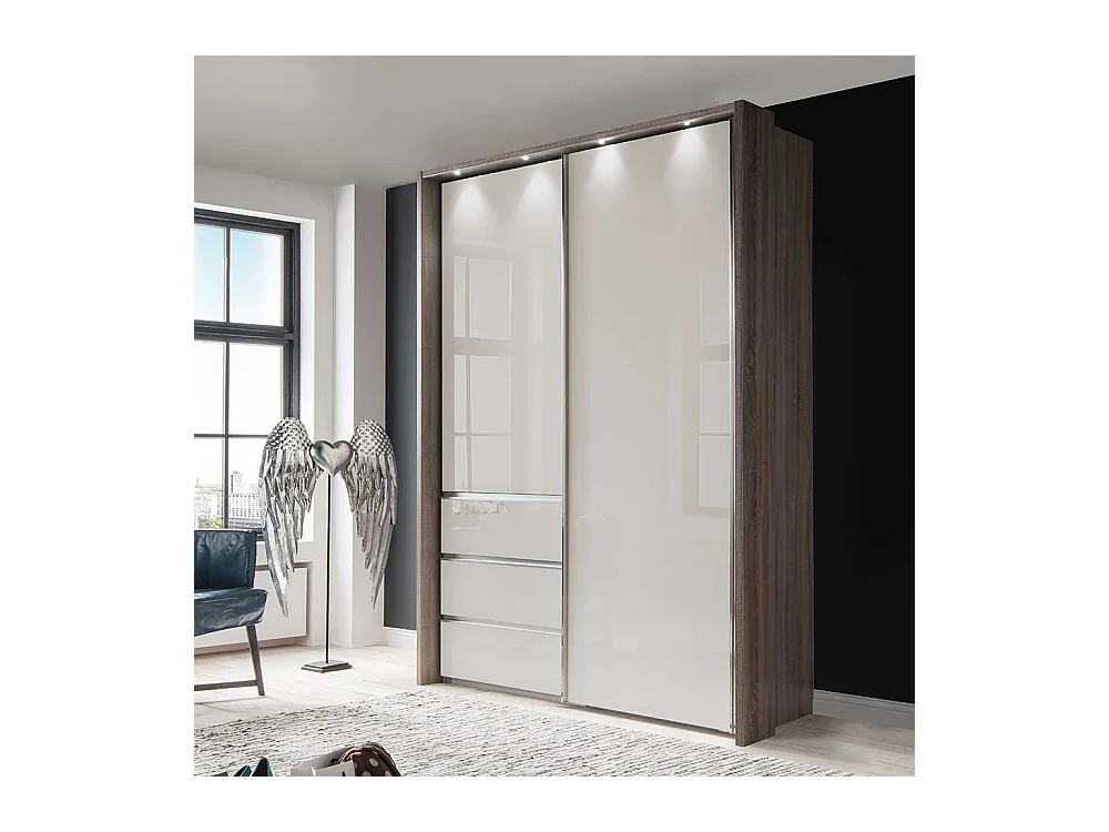 Schwebetürenschrank in Beige und Trüffelfarben LED Beleuchtung