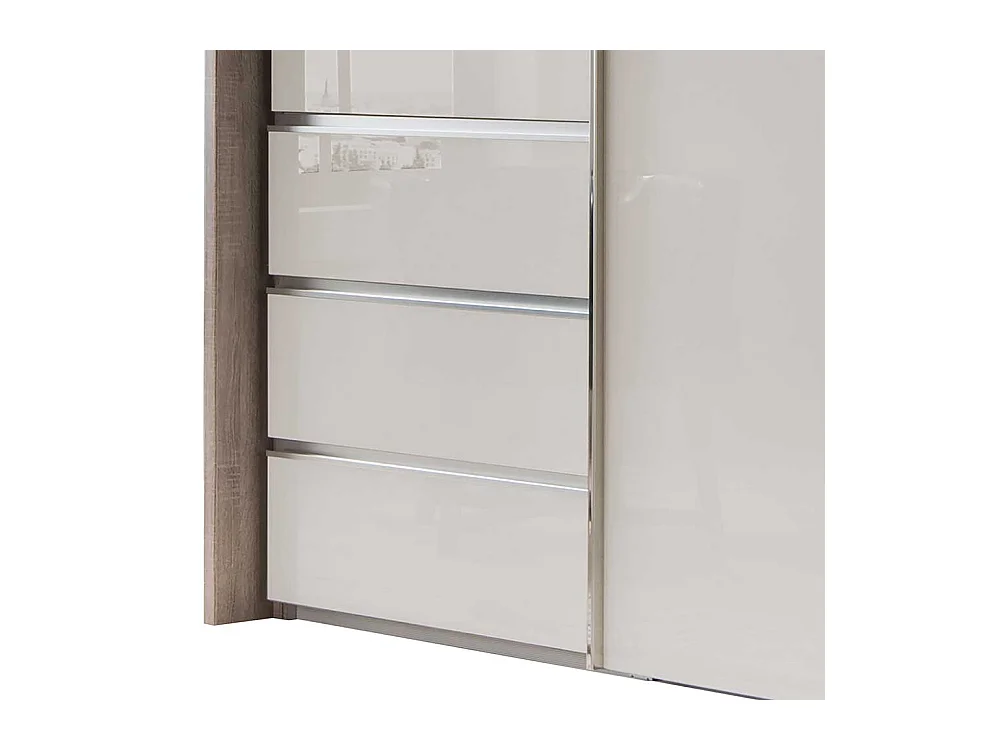 Schwebetürenschrank in Beige und Trüffelfarben LED Beleuchtung