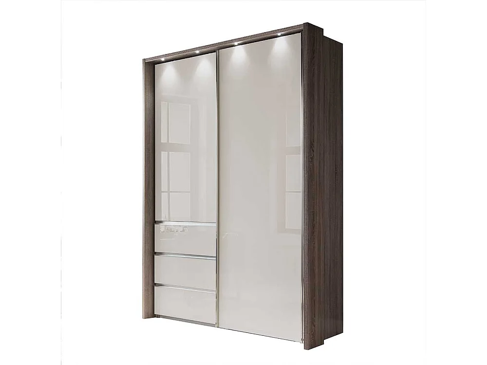 Schwebetürenschrank in Beige und Trüffelfarben LED Beleuchtung