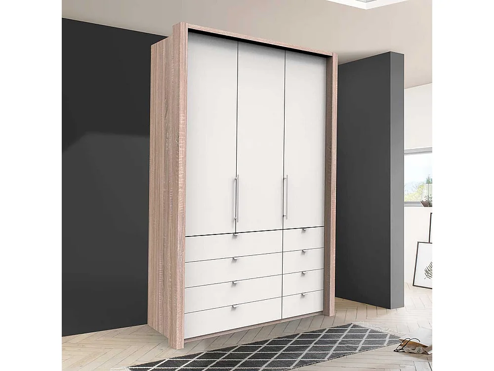 Kleiderschrank Jugendzimmer 2 türig mit 8 Schubladen Weiß Eiche Sägerau
