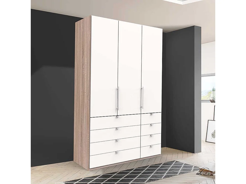 Kleiderschrank Jugendzimmer 2 türig mit 8 Schubladen Weiß Eiche Sägerau