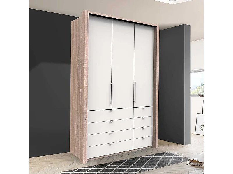 Kleiderschrank Jugendzimmer 2 türig mit 8 Schubladen Weiß Eiche Sägerau