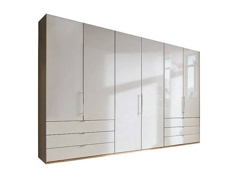 Falttürenschrank in Beige und Eiche Bianco sechs Schubladen