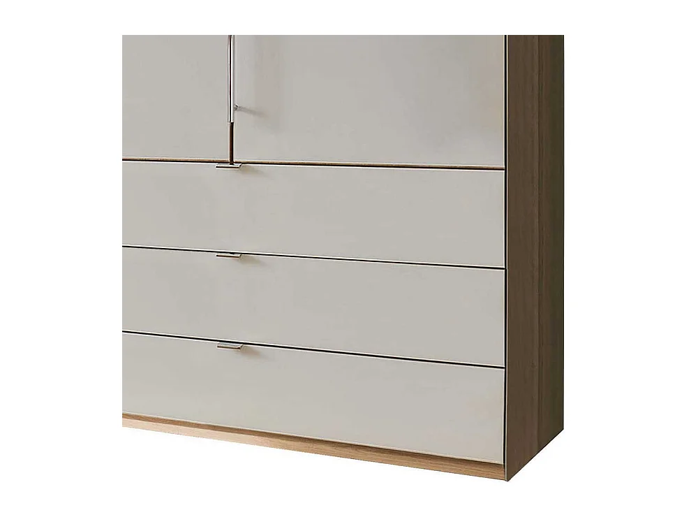 Falttürenschrank in Beige und Eiche Bianco sechs Schubladen