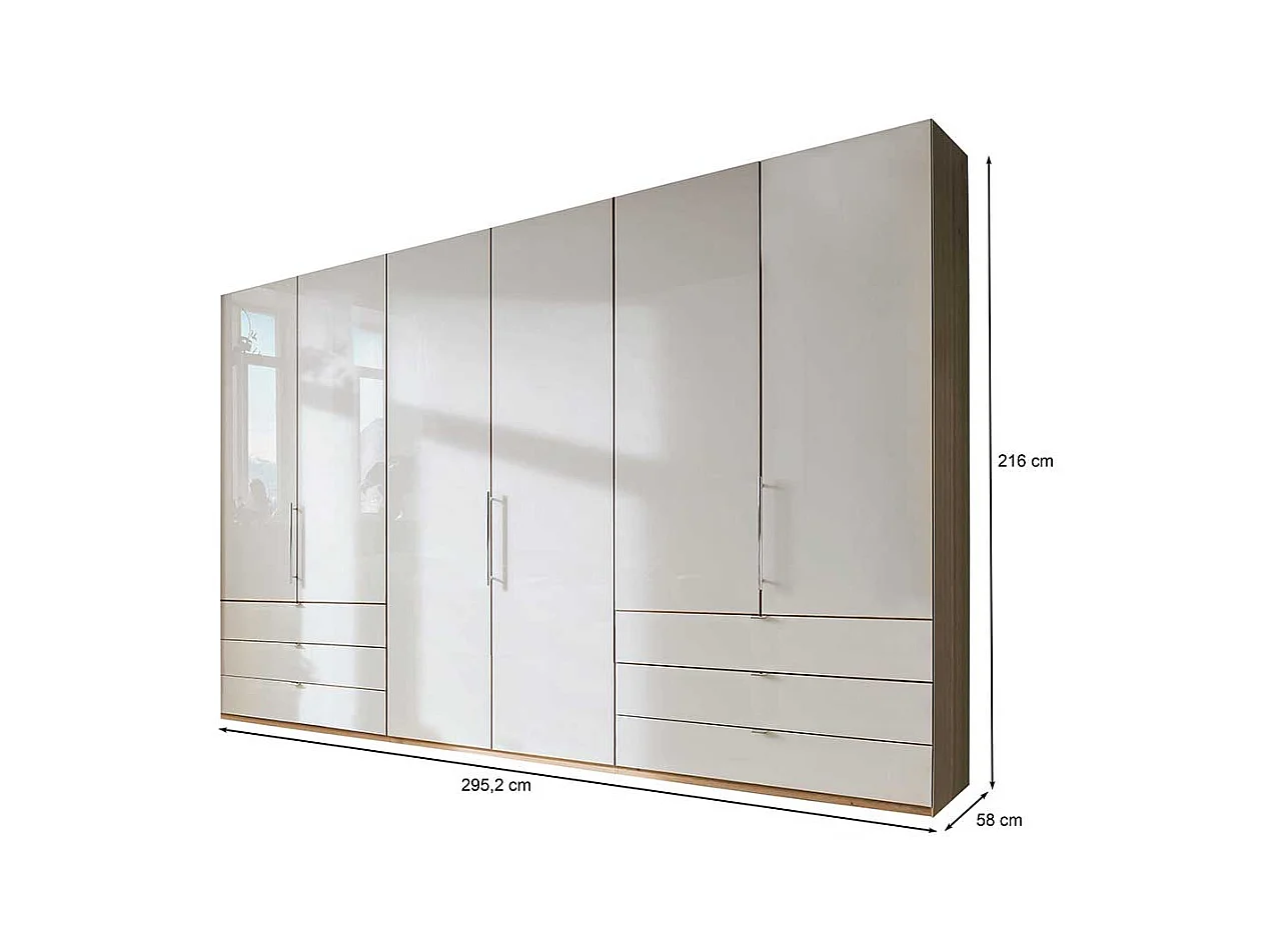 Falttürenschrank in Beige und Eiche Bianco sechs Schubladen