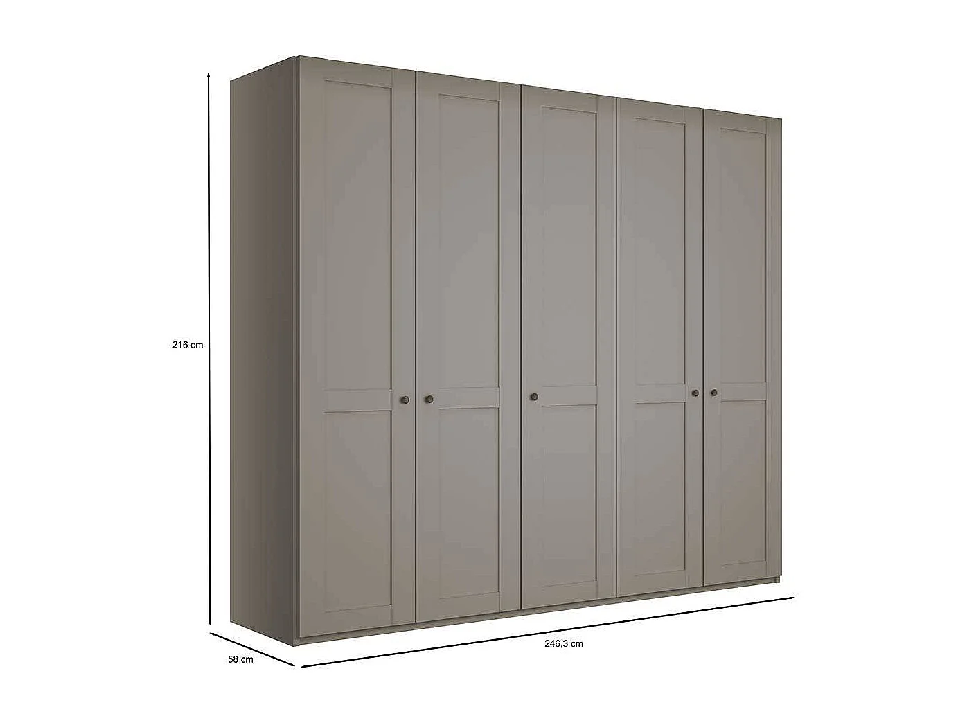 Hellgrauer Kleiderschrank 250 cm breit 5 Drehtüren