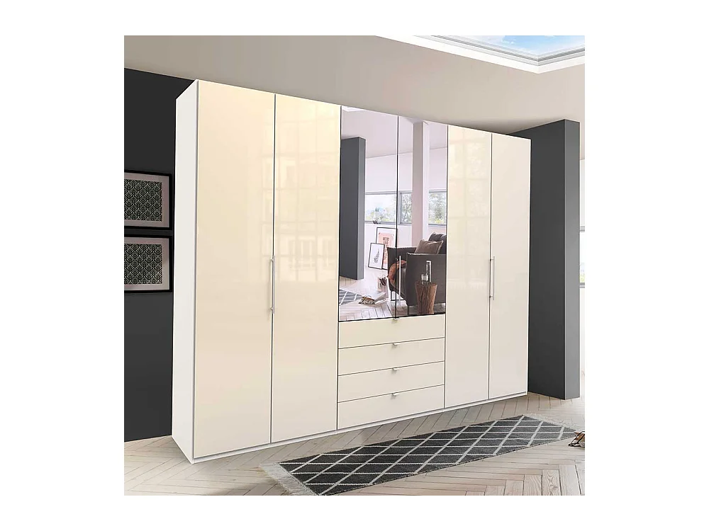 Cremefarbener Kleiderschrank mit Spiegel Falttüren und Schubladen