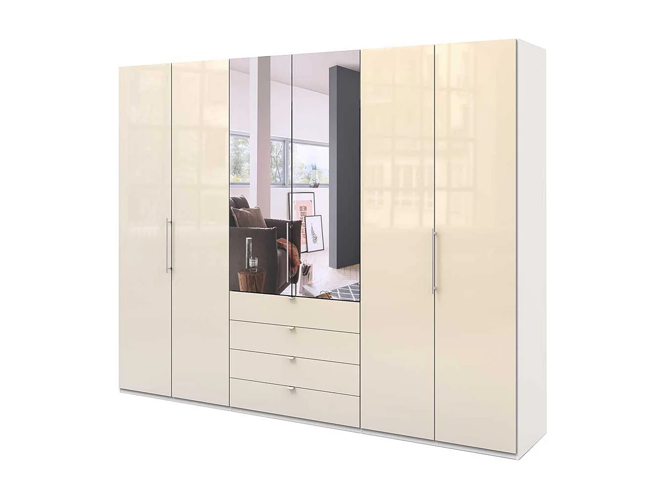 Cremefarbener Kleiderschrank mit Spiegel Falttüren und Schubladen