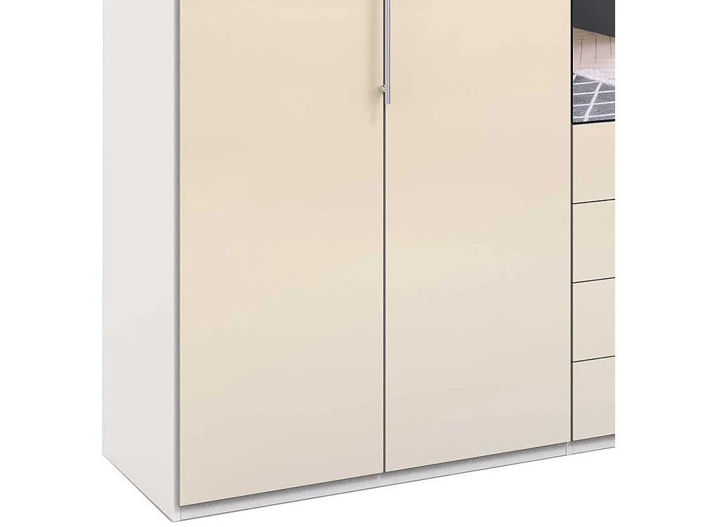Cremefarbener Kleiderschrank mit Spiegel Falttüren und Schubladen