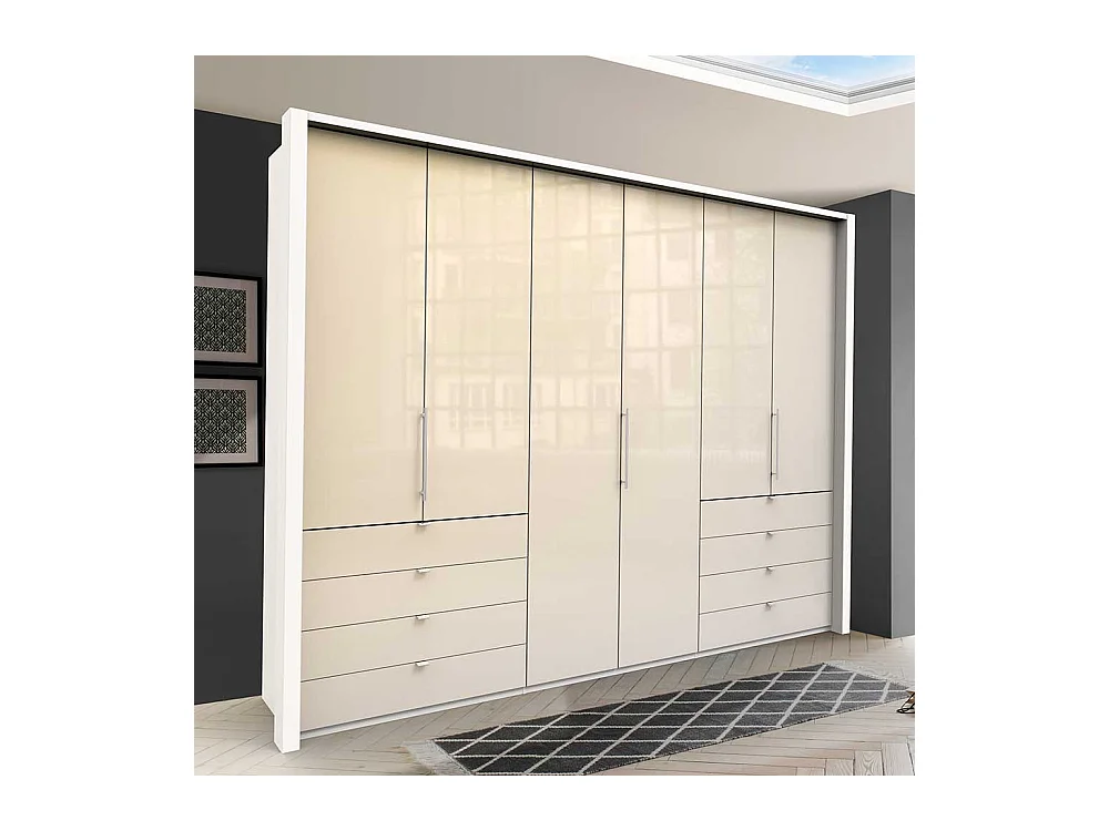 Schlafzimmerschrank in Creme Weiß Glas beschichtet Falttüren