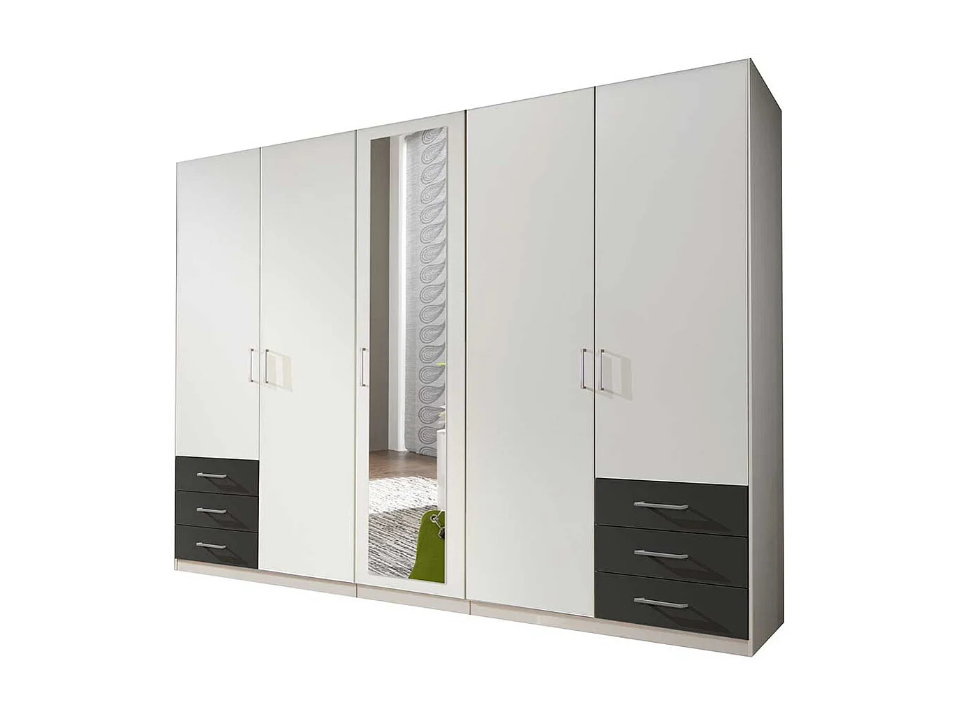 Großer Kleiderschrank mit Spiegel und sechs Schubladen 225 cm breit