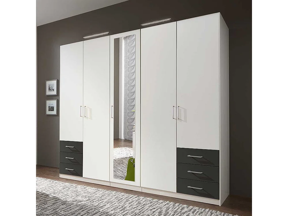 Großer Kleiderschrank mit Spiegel und sechs Schubladen 225 cm breit