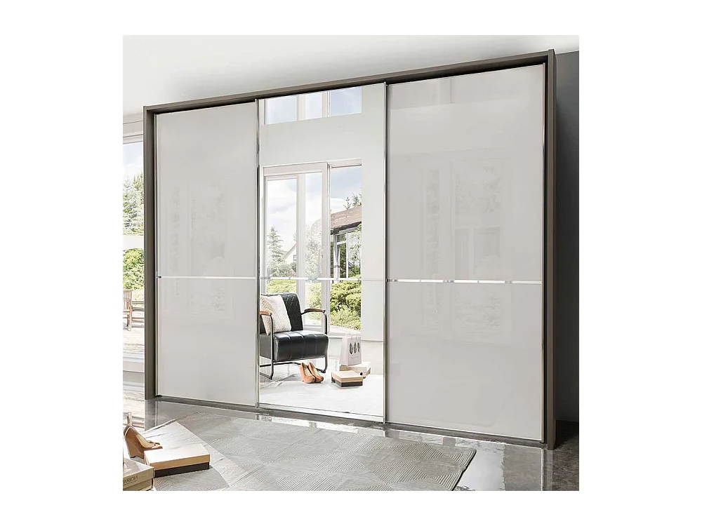 Schwebetuerenschrank mit Spiegel Hellgrau und Braun