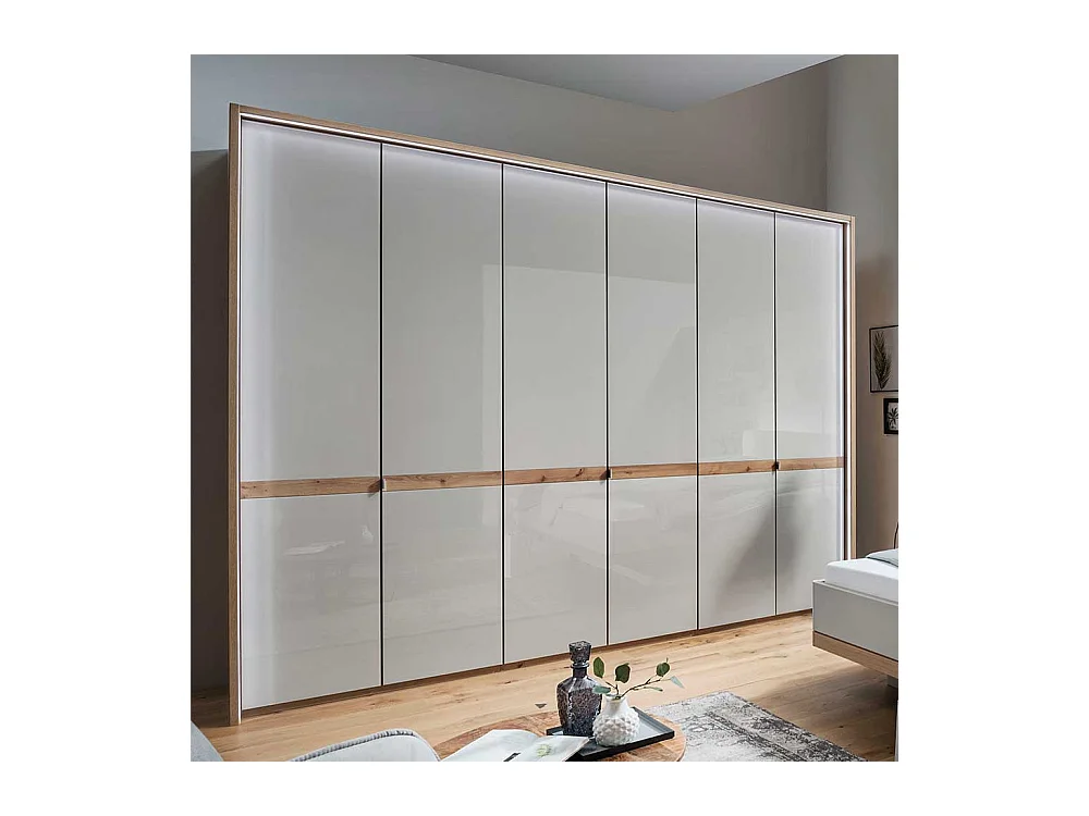 Drehtürenschrank in Beige und Eiche Bianco Glas beschichtet