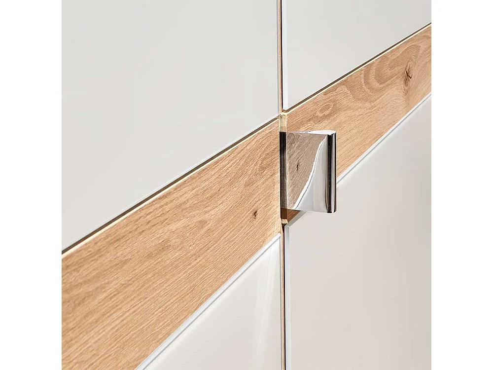 Drehtürenschrank in Beige und Eiche Bianco Glas beschichtet