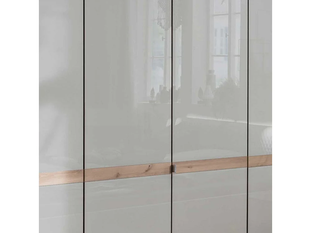 Drehtürenschrank in Beige und Eiche Bianco Glas beschichtet