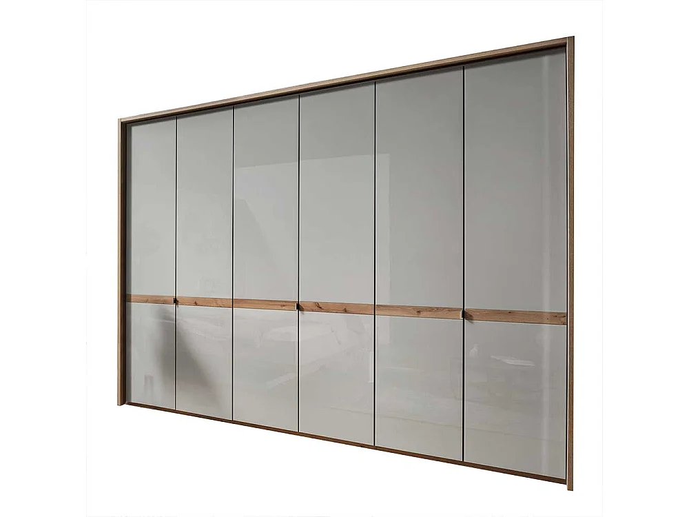 Drehtürenschrank in Beige und Eiche Bianco Glas beschichtet