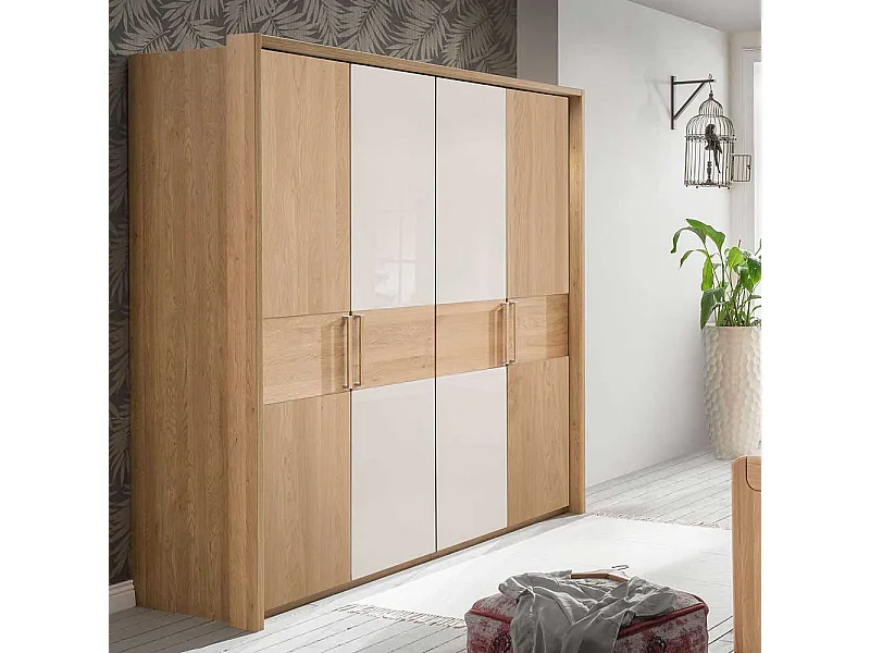 Schlafzimmerschrank in Beige Glas beschichtet Eiche Massivholz