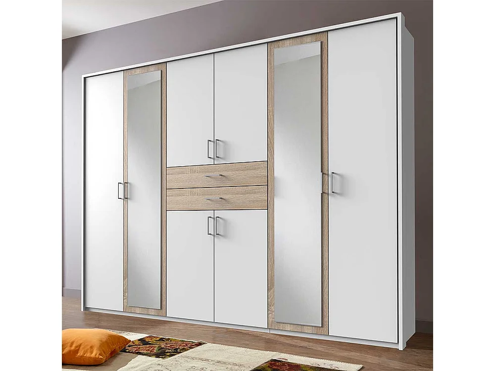 Kleiderschrank mit Schubladen und Spiegel in Weiß Eiche Sägerau
